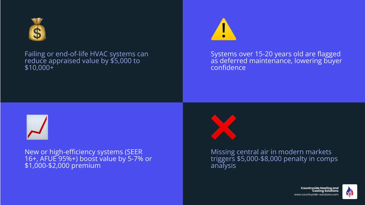 Infographic showing HVAC age, condition, and efficiency ratings and their impact on home appraisal value adjustments - how Infographic showing HVAC age, condition, and efficiency ratings and their impact on home appraisal value adjustments - how