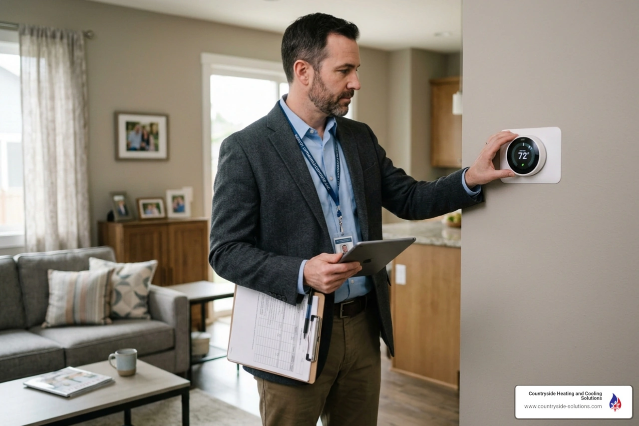 An appraiser checking a smart thermostat on a wall during a residential home evaluation - how hvac condition affects home An appraiser checking a smart thermostat on a wall during a residential home evaluation - how hvac condition affects home