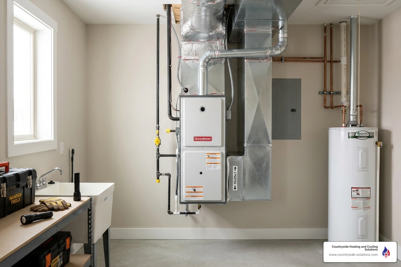furnace blower unit inside a clean utility room - how extreme cold affects filter replacement frequency