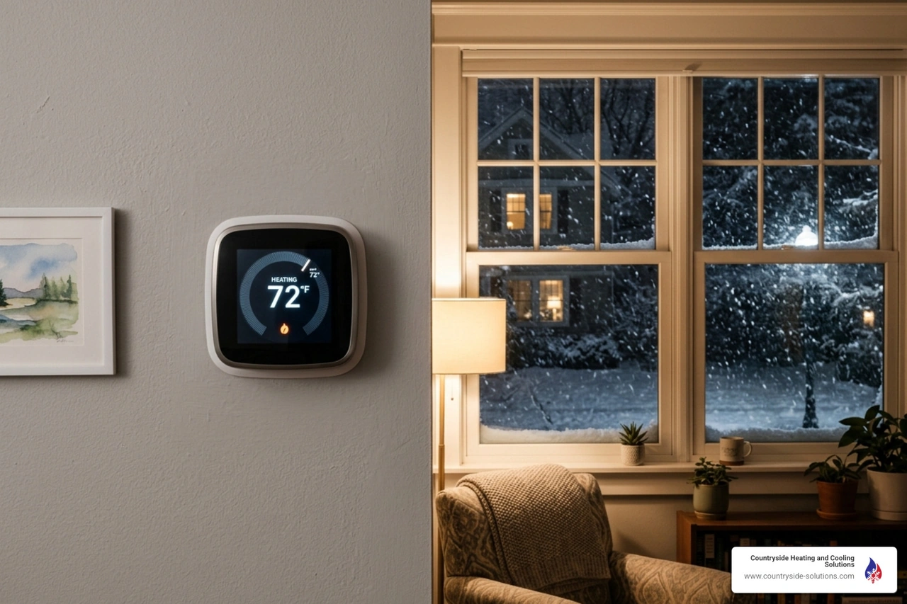 digital thermostat showing a warm 72 degrees while it is snowing outside - heat pump benefits for minnesota homeowners digital thermostat showing a warm 72 degrees while it is snowing outside - heat pump benefits for minnesota homeowners