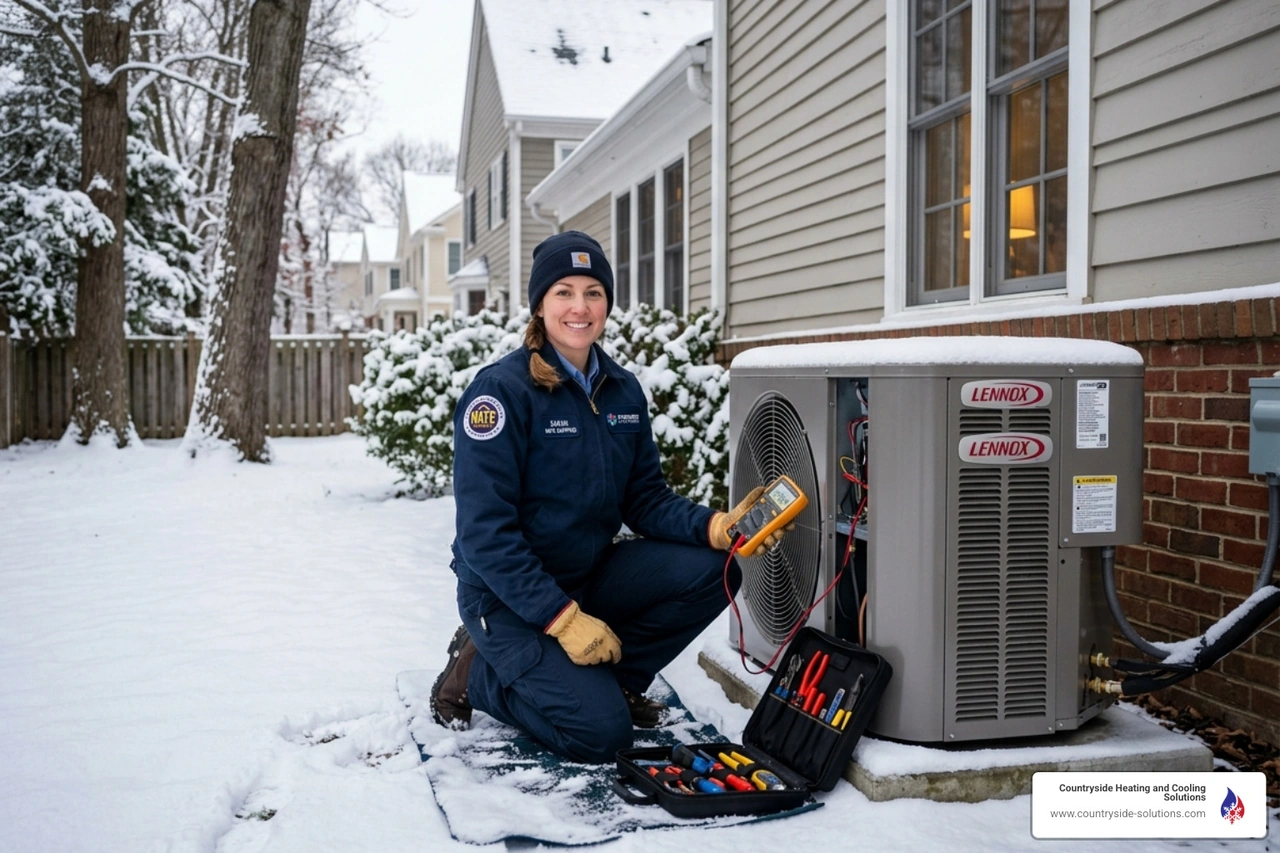 NATE-certified technician inspecting a modern heat pump unit in a backyard - heat pump benefits for minnesota homeowners NATE-certified technician inspecting a modern heat pump unit in a backyard - heat pump benefits for minnesota homeowners