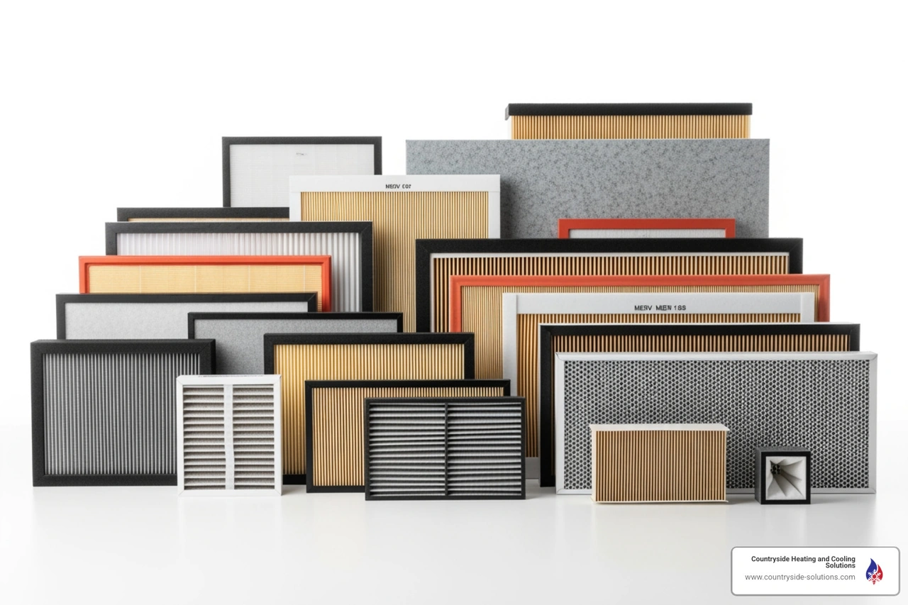 various HVAC air filter sizes and thicknesses on a clean surface