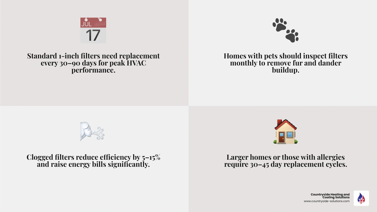 Infographic showing recommended HVAC air filter replacement frequency by filter type and household situation infographic