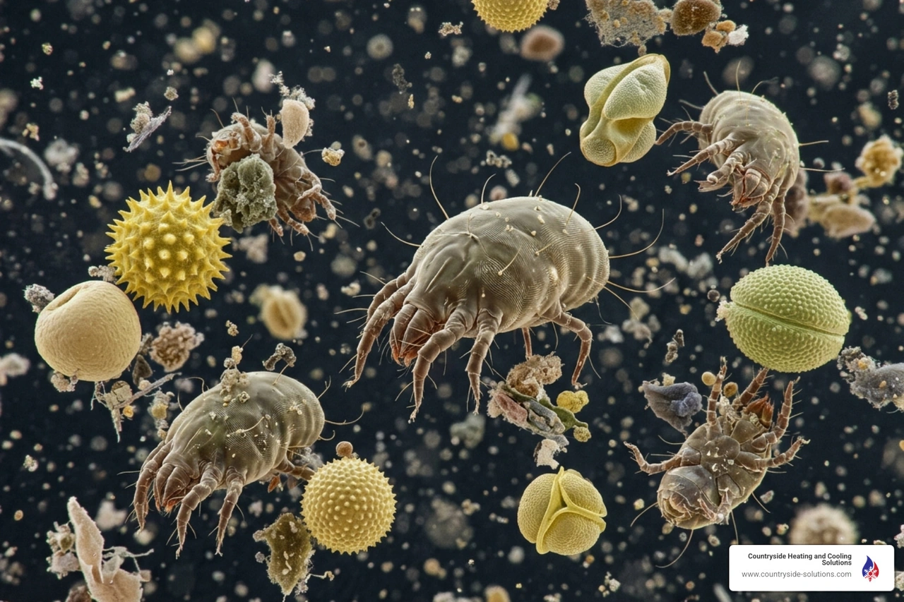 microscopic view of dust mites and pollen particles floating in the air - how your hvac affects indoor air quality