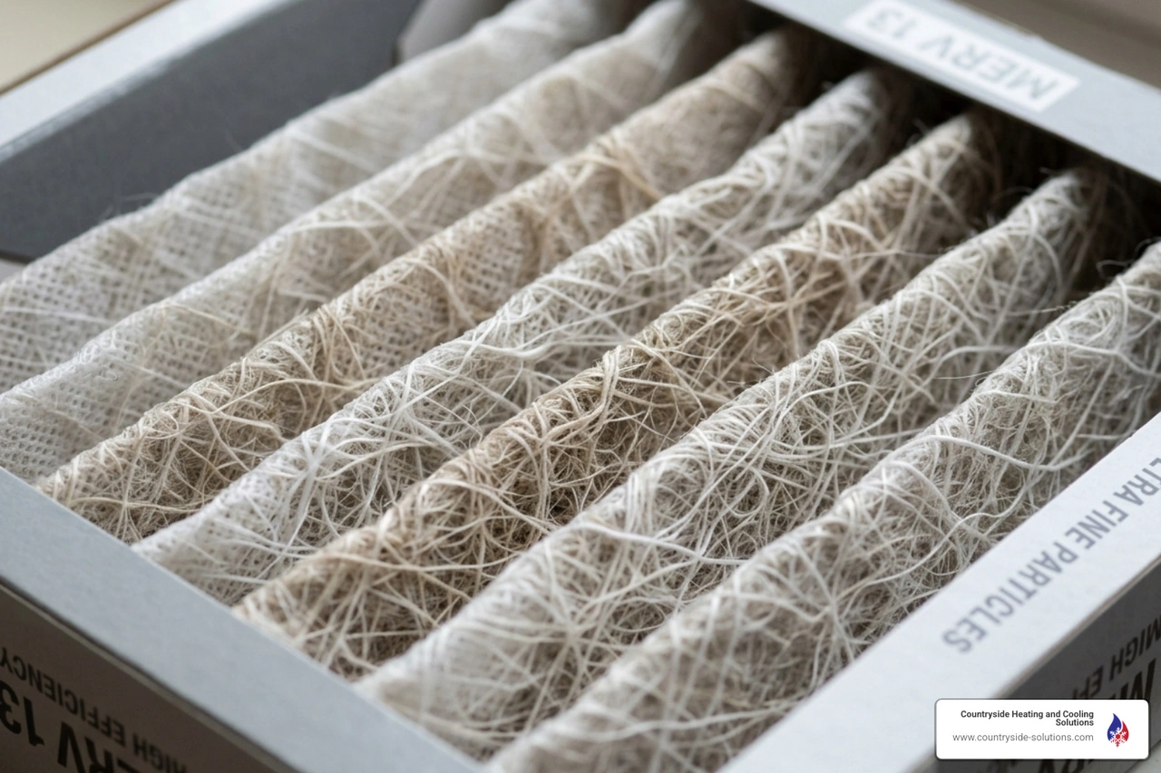 close up of a high-efficiency pleated air filter showing dense fibers for catching small particles - how your hvac affects