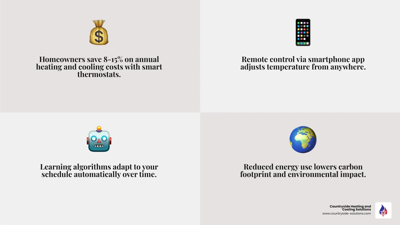 Infographic showing smart thermostat benefits: energy savings, remote access, learning features, maintenance alerts, and