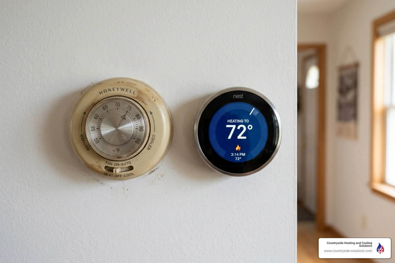 comparison of an old beige dial thermostat next to a sleek modern touchscreen smart thermostat