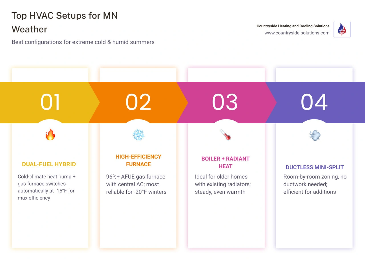 Infographic showing best HVAC system types for Minnesota weather with seasonal temperature and efficiency ratings - best