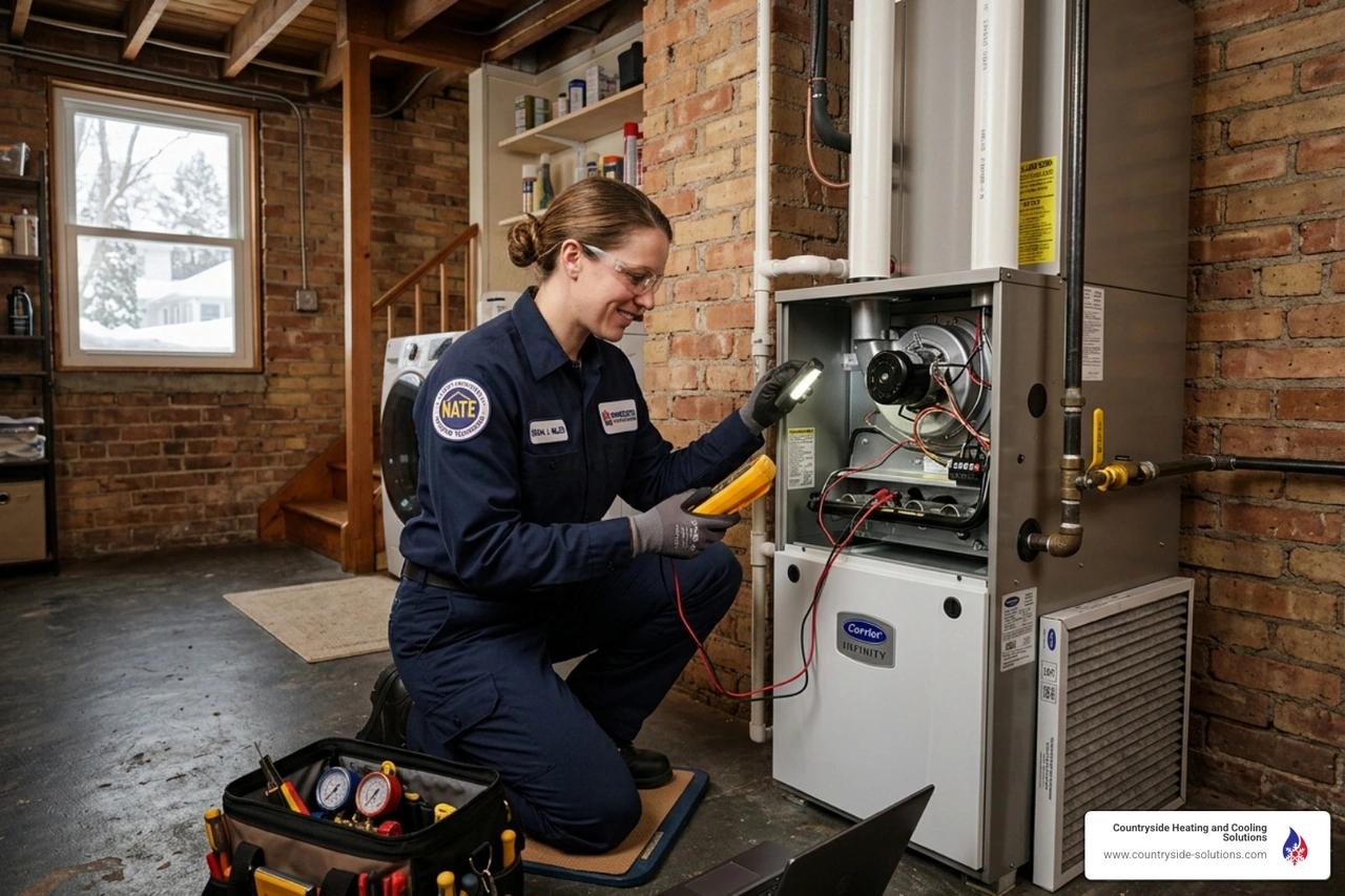 NATE-certified technician inspecting a furnace in a Minnesota home basement - best hvac setup for minnesota weather