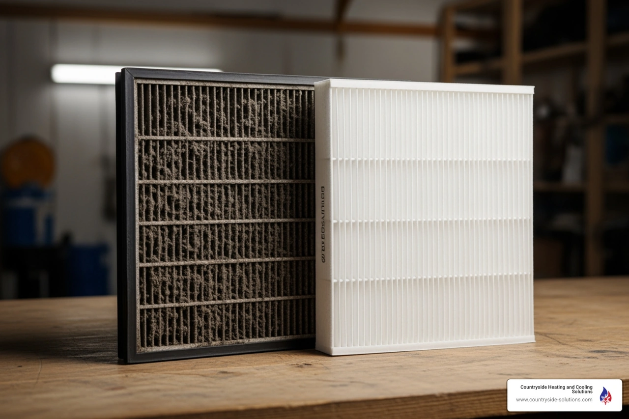heavily clogged HVAC air filter next to a clean new filter on a workshop table heavily clogged HVAC air filter next to a clean new filter on a workshop table