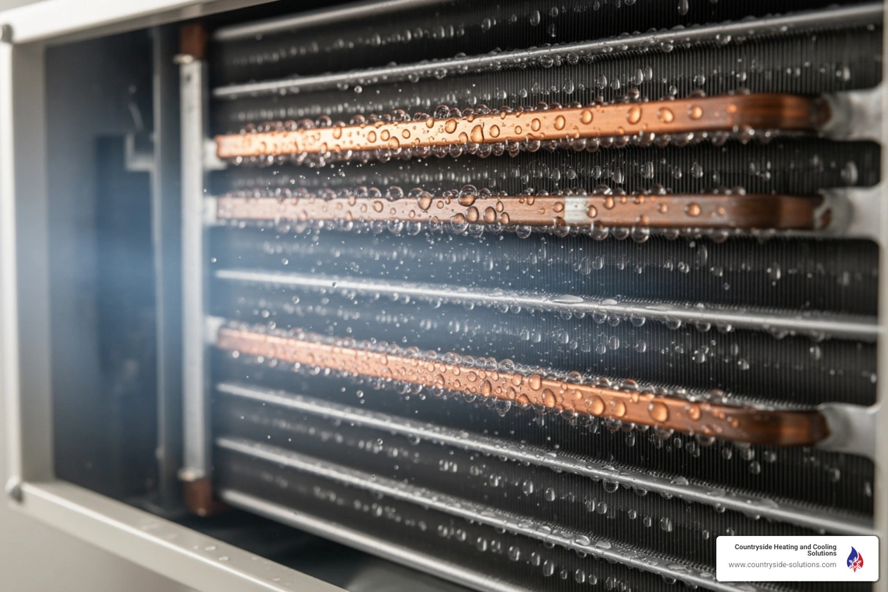 close up of residential AC evaporator coil with condensation close up of residential AC evaporator coil with condensation