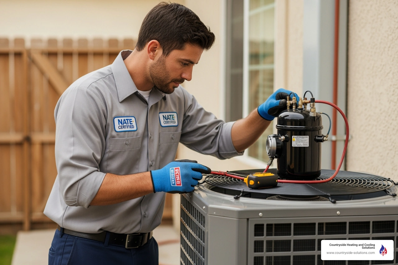 NATE-certified technician inspecting a high-efficiency variable-speed AC compressor NATE-certified technician inspecting a high-efficiency variable-speed AC compressor