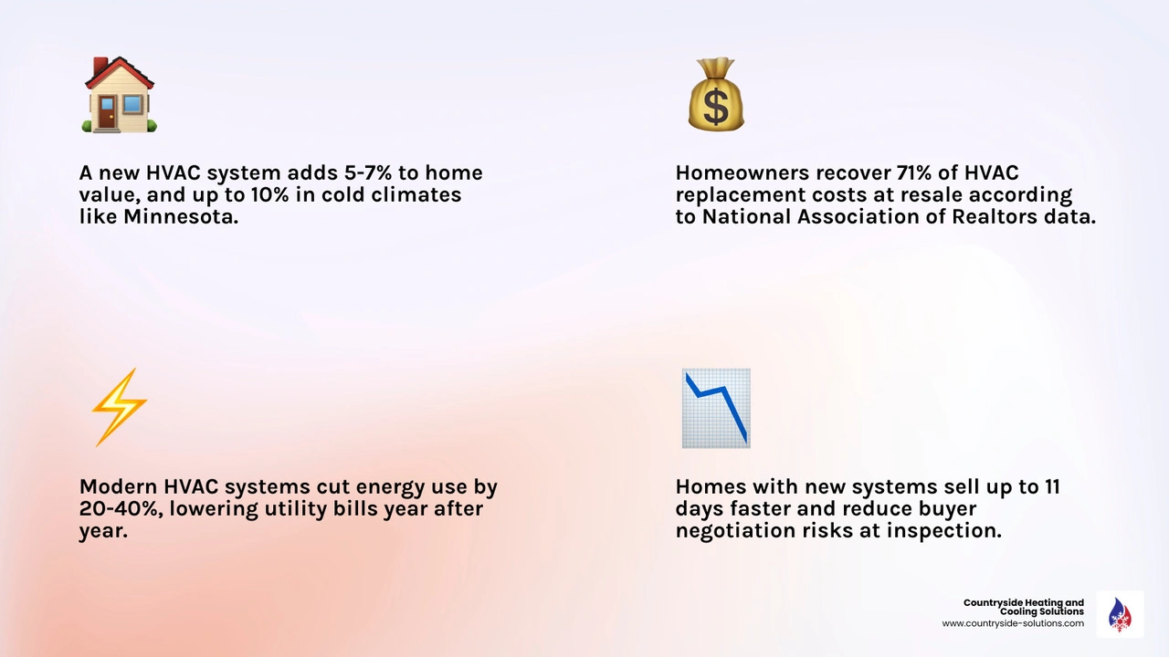 Infographic showing financial benefits of HVAC replacement including home value increase, cost recovery rate, energy