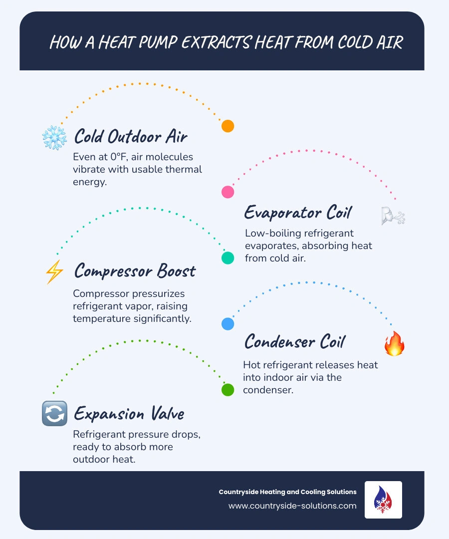 Infographic showing how a heat pump extracts heat from cold outdoor air in winter, with COP values and temperature operating Infographic showing how a heat pump extracts heat from cold outdoor air in winter, with COP values and temperature operating