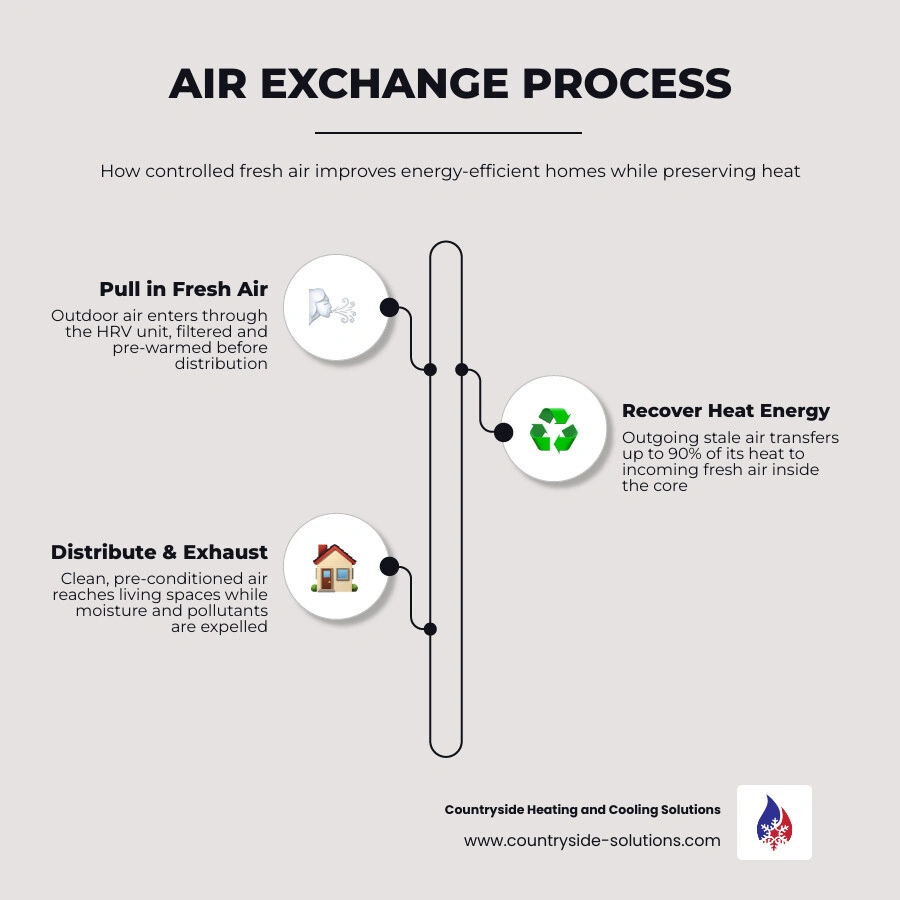 Infographic showing air exchange process in a high-performance energy-efficient home with HRV system infographic Infographic showing air exchange process in a high-performance energy-efficient home with HRV system infographic