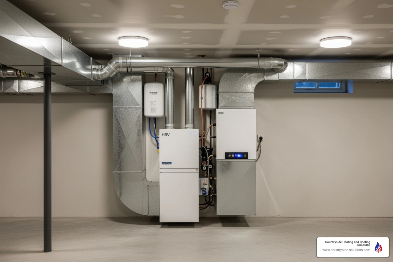Modern HRV unit installed professionally in a clean basement setting with organized ductwork Modern HRV unit installed professionally in a clean basement setting with organized ductwork