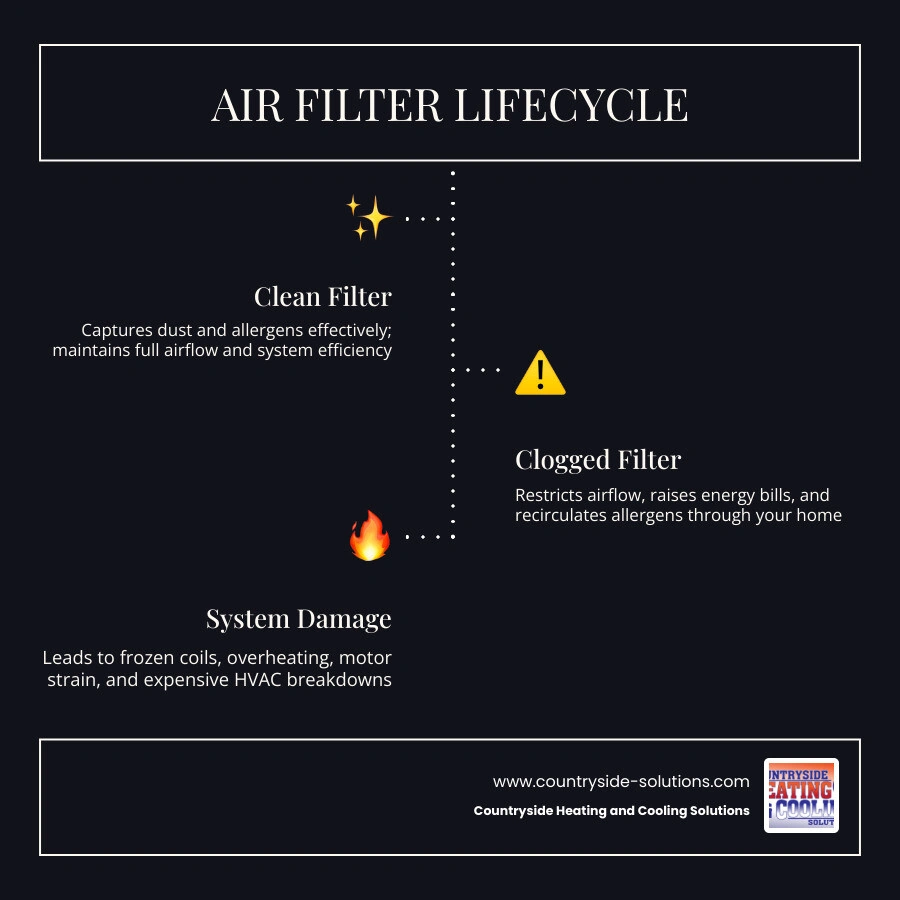 Infographic showing the lifecycle of an HVAC air filter from clean to clogged and the consequences at each stage infographic Infographic showing the lifecycle of an HVAC air filter from clean to clogged and the consequences at each stage infographic