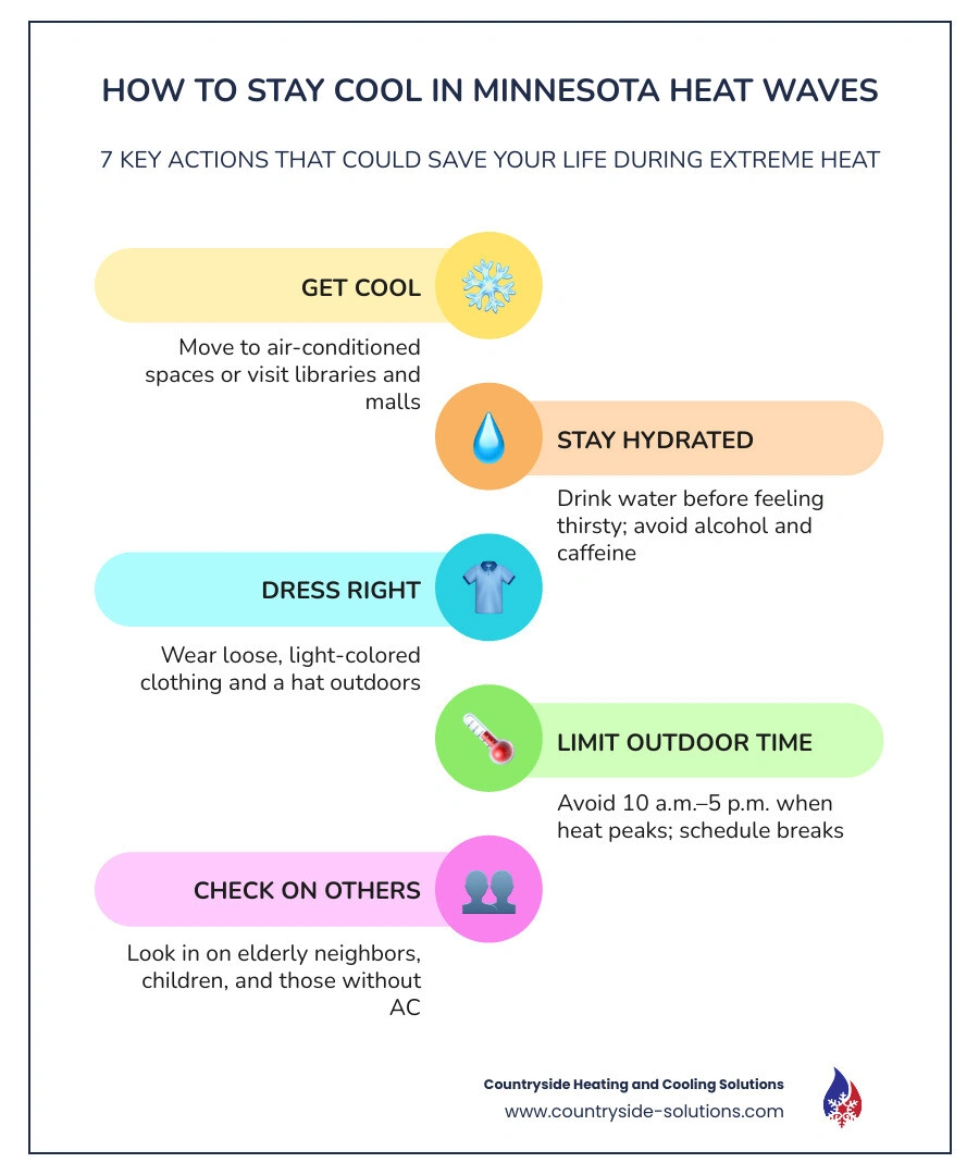 Infographic showing 7 steps to stay cool during a Minnesota heat wave with hydration, shade, AC, and warning signs Infographic showing 7 steps to stay cool during a Minnesota heat wave with hydration, shade, AC, and warning signs