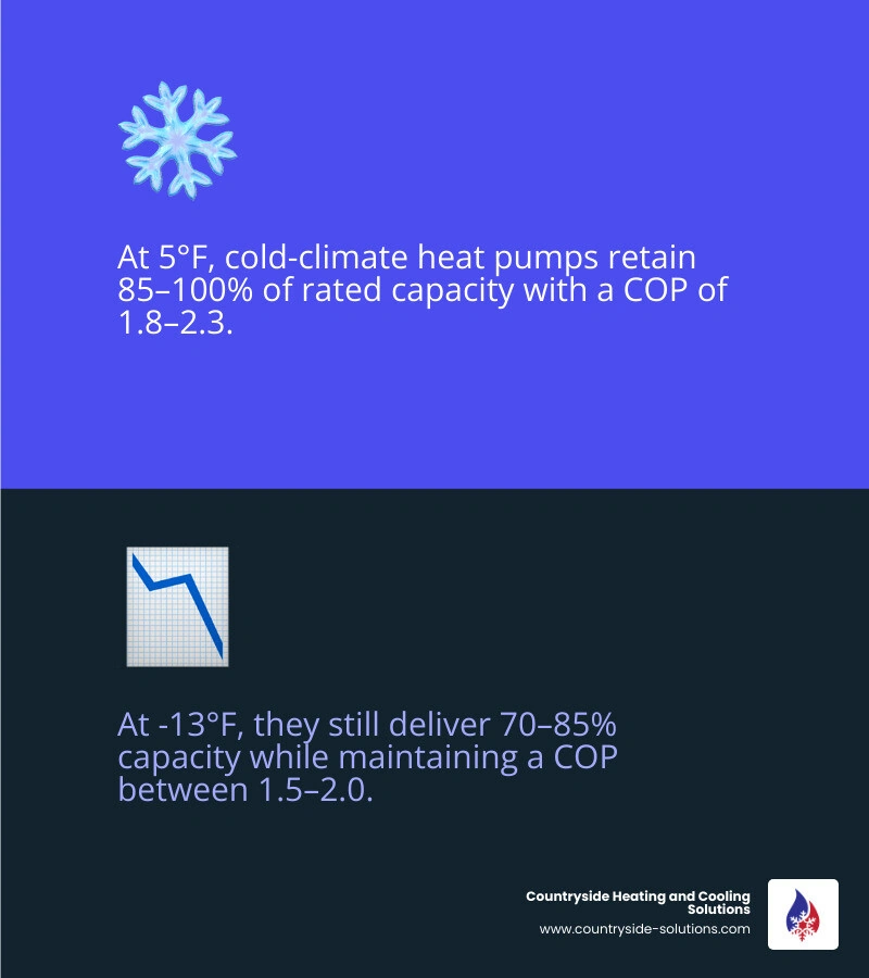Infographic showing cold-climate heat pump COP and capacity retention at 5°F, -13°F, and -15°F versus standard heat pumps