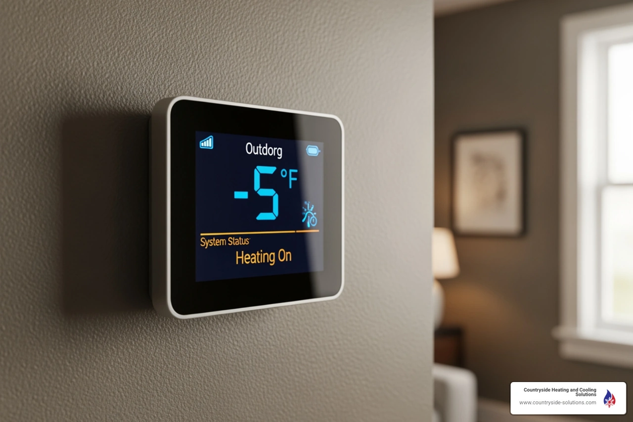 digital thermostat showing below-zero outdoor temperature with heat pump heating mode active