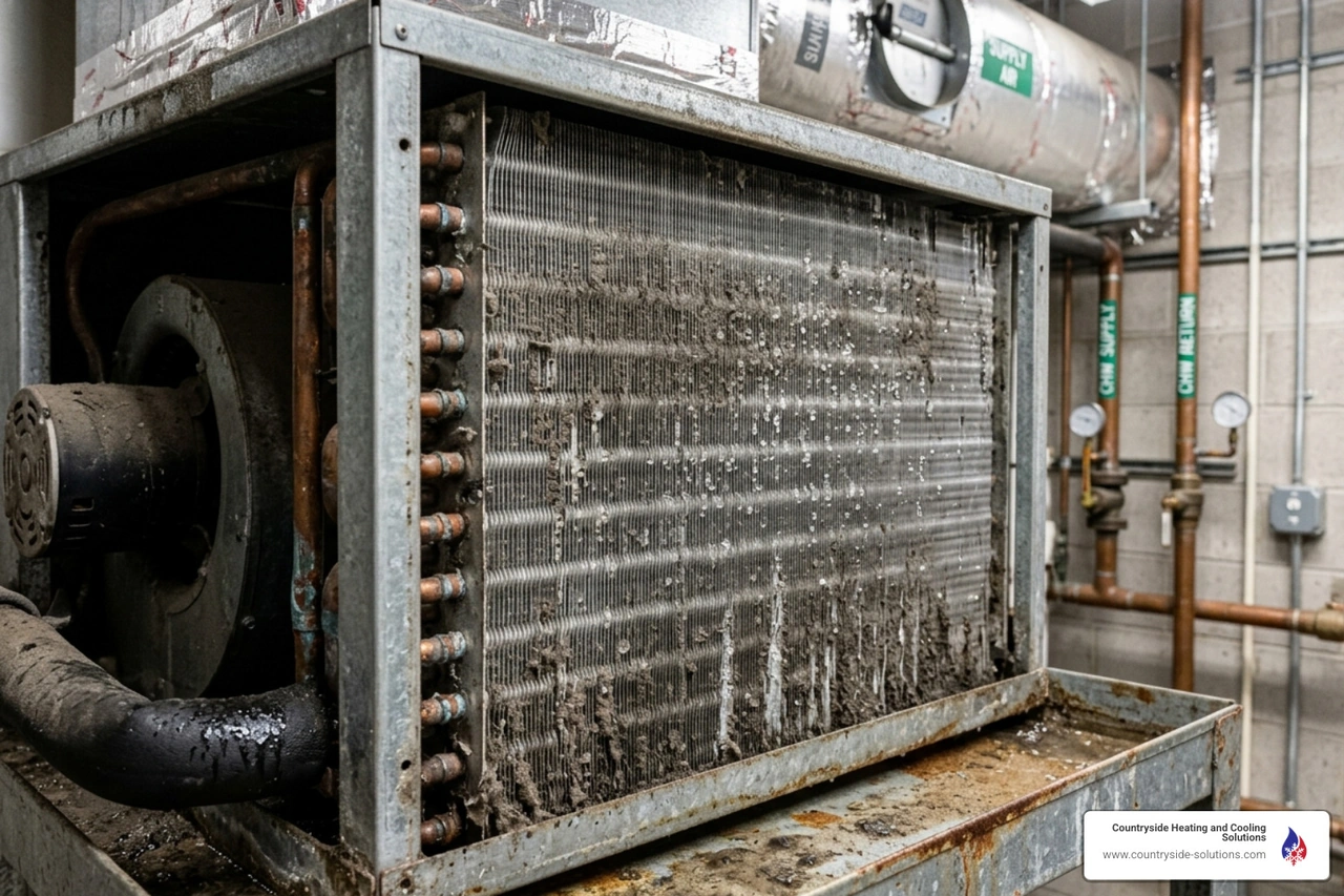 condensation on an evaporator coil with dust buildup - how proper maintenance prevents mold growth