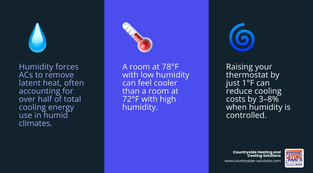 Infographic showing how humidity increases perceived temperature and raises AC energy use alongside key tips for reducing