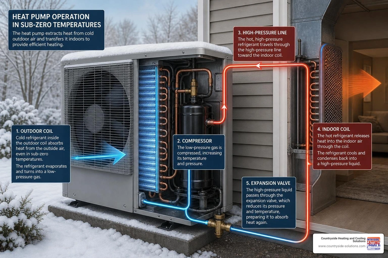 Refrigerant flow chart showing the high-pressure compression and heat exchange process in sub-zero temperatures