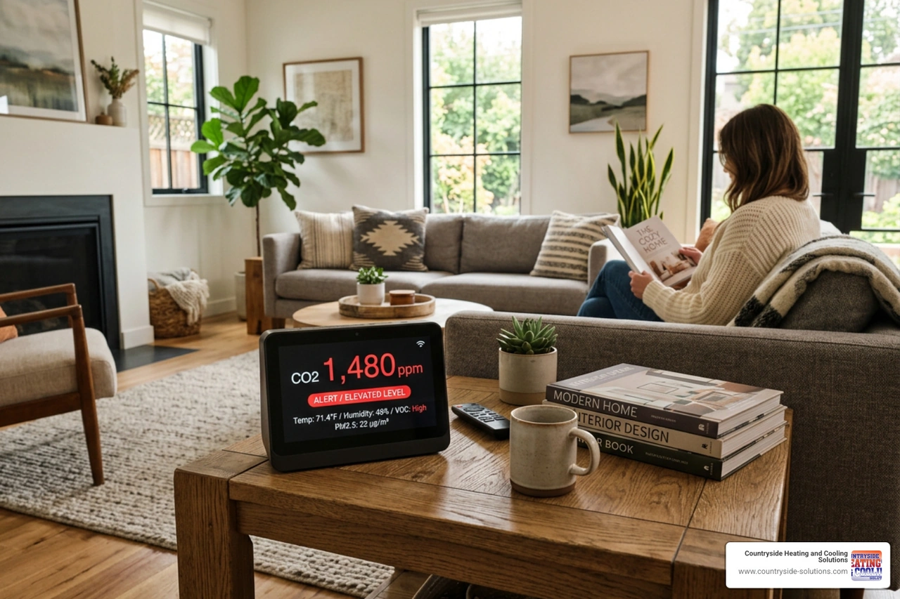 indoor air quality monitoring device showing elevated carbon dioxide levels in a modern room indoor air quality monitoring device showing elevated carbon dioxide levels in a modern room