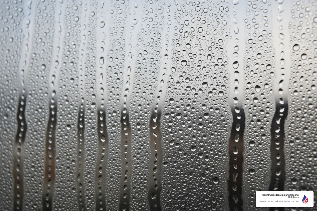Close up of condensation on a window pane indicating high indoor humidity Close up of condensation on a window pane indicating high indoor humidity