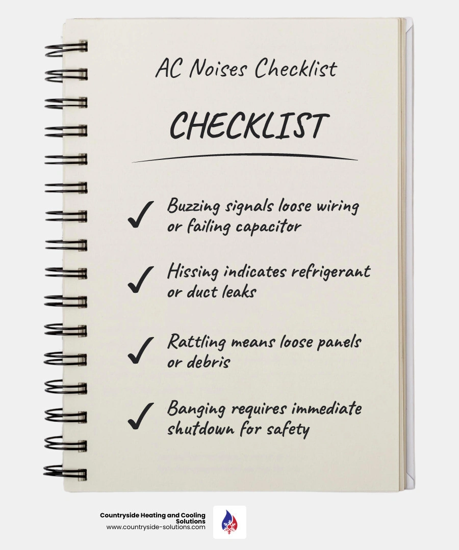 infographic showing 8 common AC noises with icons, causes, and urgency levels for homeowners - ac making strange noises what infographic showing 8 common AC noises with icons, causes, and urgency levels for homeowners - ac making strange noises what