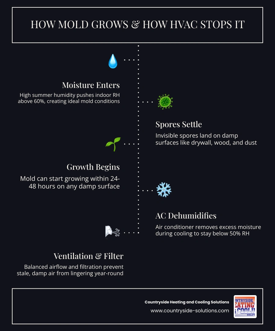 Infographic showing how mold grows in homes across four seasons and how HVAC controls humidity to prevent it infographic