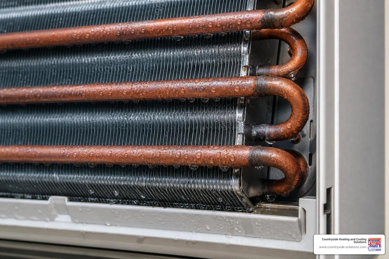 Condensation forming on an air conditioner's cold copper evaporator coils inside the home