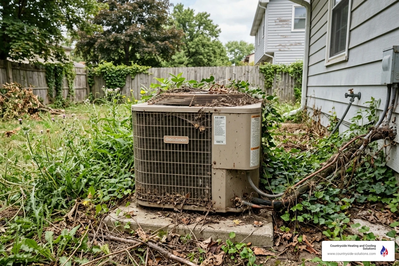outdoor condenser unit with overgrown weeds and debris outdoor condenser unit with overgrown weeds and debris