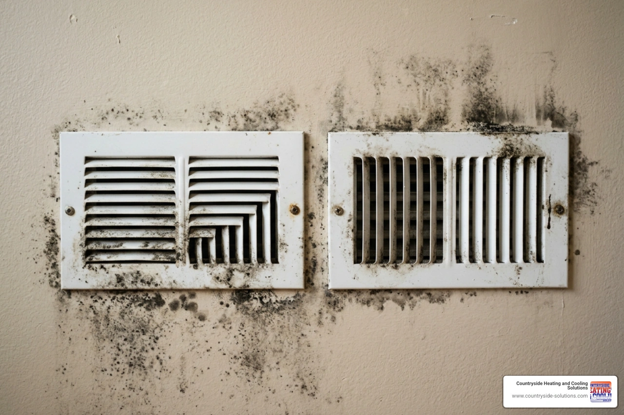 Mold on HVAC air supply registers showing dark discoloration around the vents Mold on HVAC air supply registers showing dark discoloration around the vents