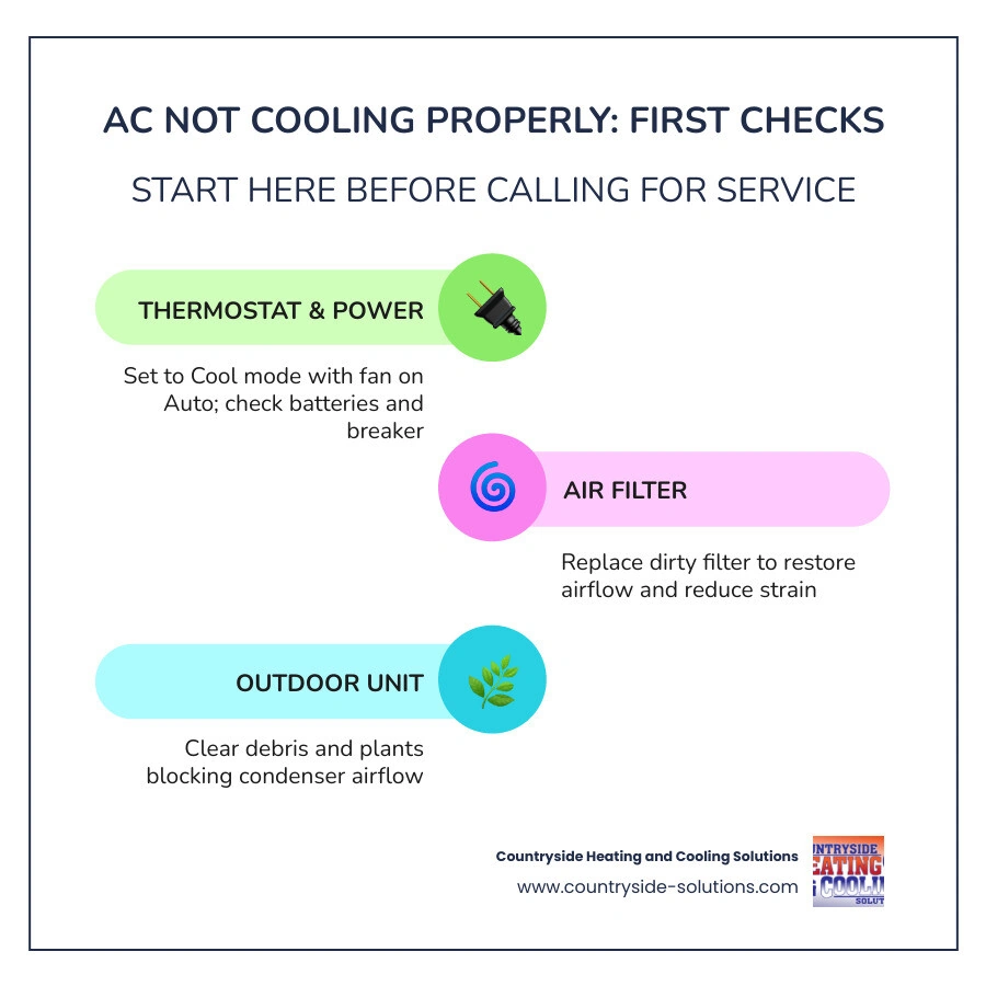 Infographic showing 6 steps to troubleshoot AC not cooling properly from thermostat to refrigerant infographic Infographic showing 6 steps to troubleshoot AC not cooling properly from thermostat to refrigerant infographic