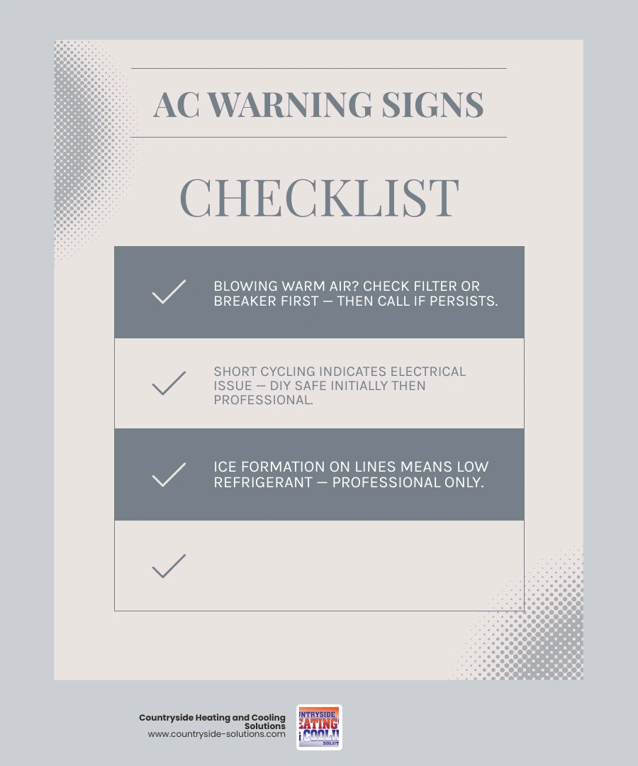 DIY homeowner checks vs professional AC repairs infographic showing warning signs and when to call infographic DIY homeowner checks vs professional AC repairs infographic showing warning signs and when to call infographic
