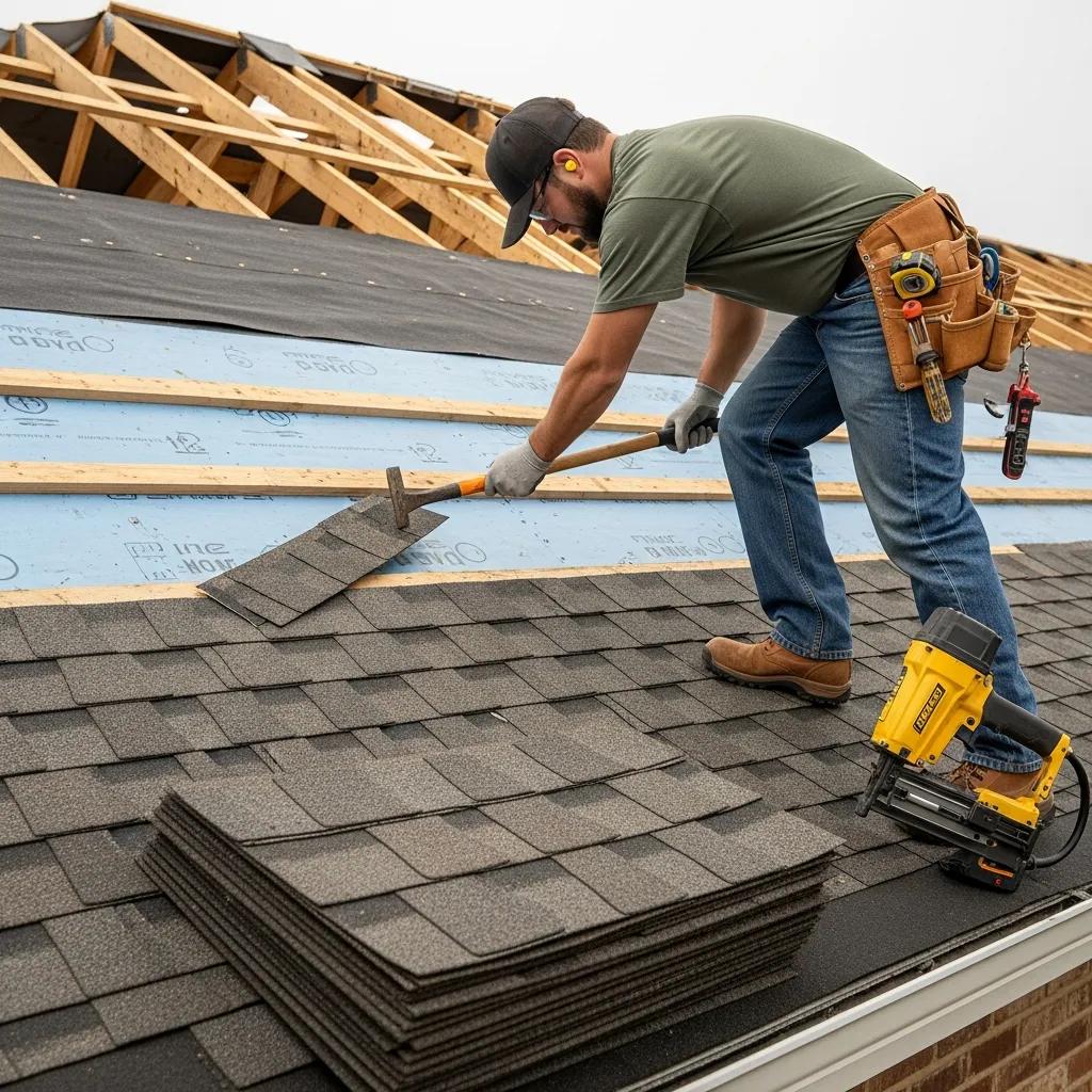 Roofing contractor replacing shingles on a residential roof during repair services