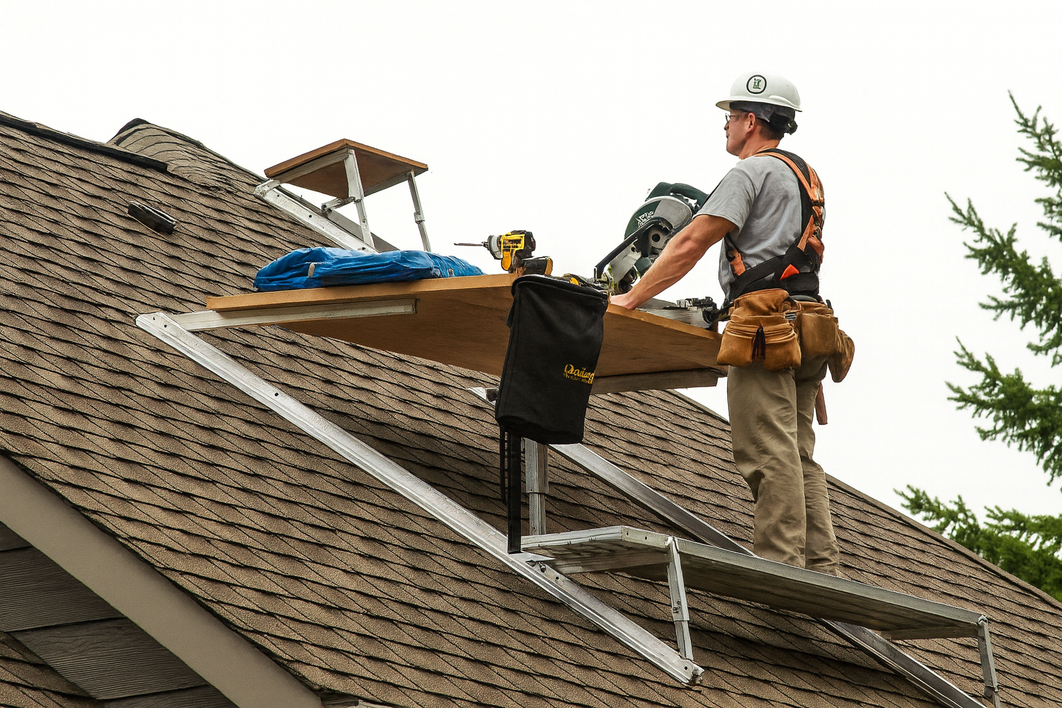 Roofing specialist on roof with tan asphalt shingles with a protective ledge to work from