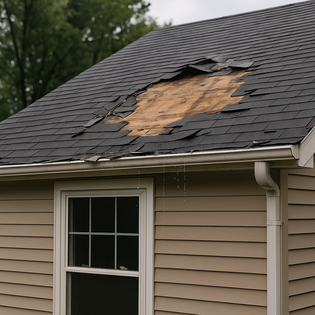 Storm-damaged residential roof with missing asphalt shingles and exposed plywood, showing active water intrusion and emergency roof repair conditions in New Jersey.
