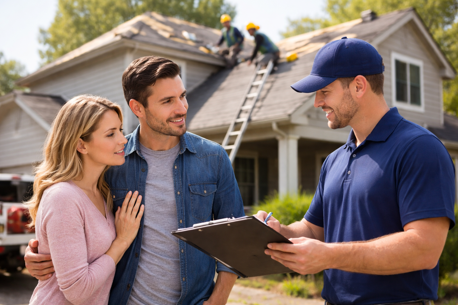 Homeowners meeting with a roofing contractor to discuss roof replacement outside their New Jersey home while roofing work is underway in the background.