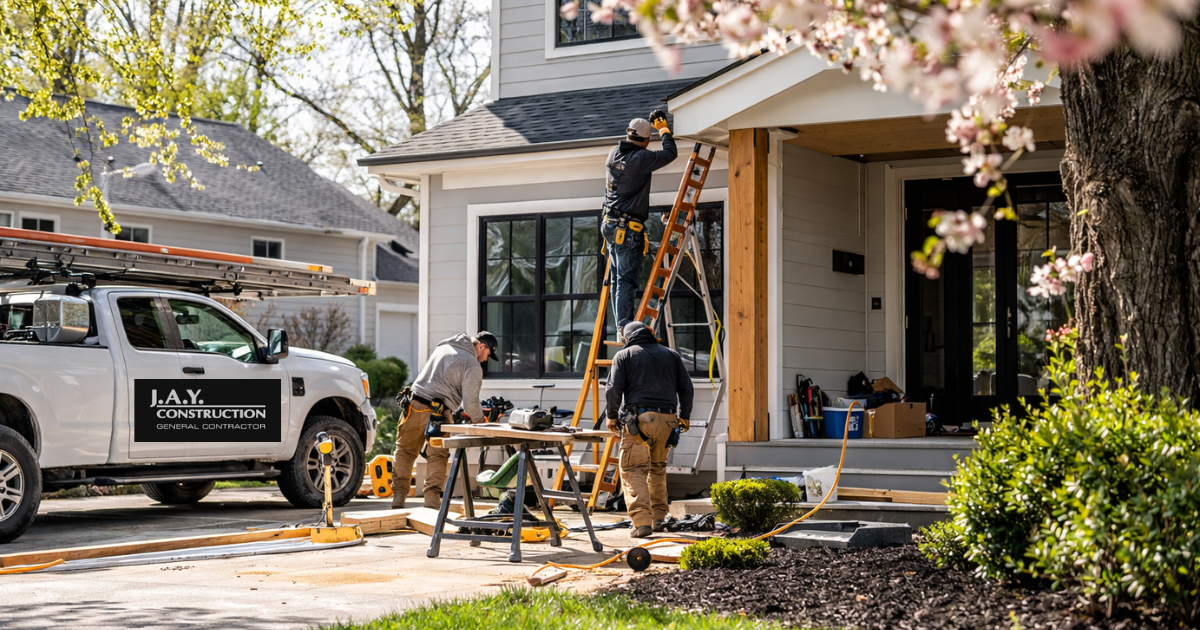 Contractors performing exterior home renovation and roofing installation on a residential house during spring with blooming trees and ladders on site. J.A.Y. Construction 