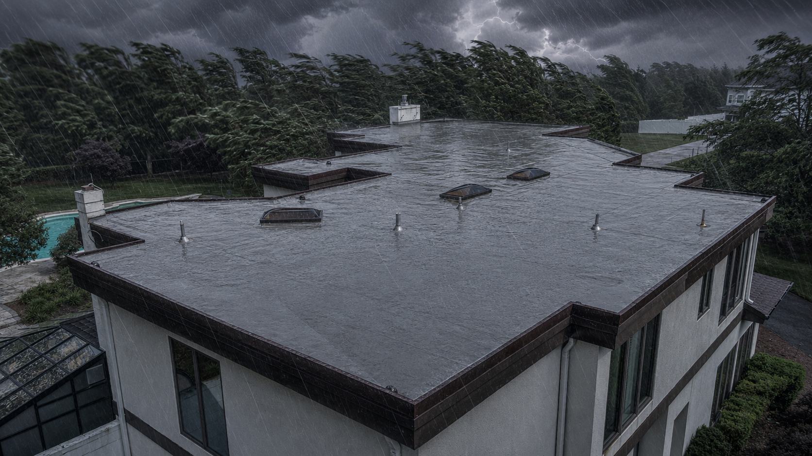 Heavy summer storm with wind-driven rain over a flat roof on a Jersey Shore home in Ocean County, NJ.
