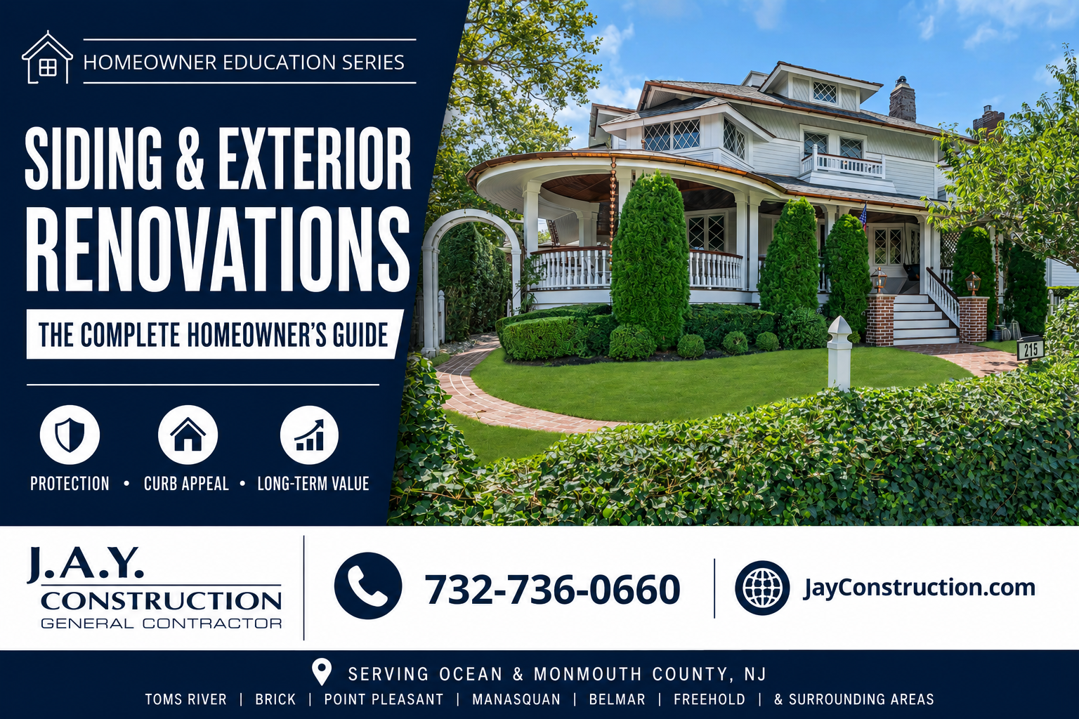 J.A.Y. Construction siding and exterior renovation guide featuring a New Jersey home, serving Ocean and Monmouth County homeowners.