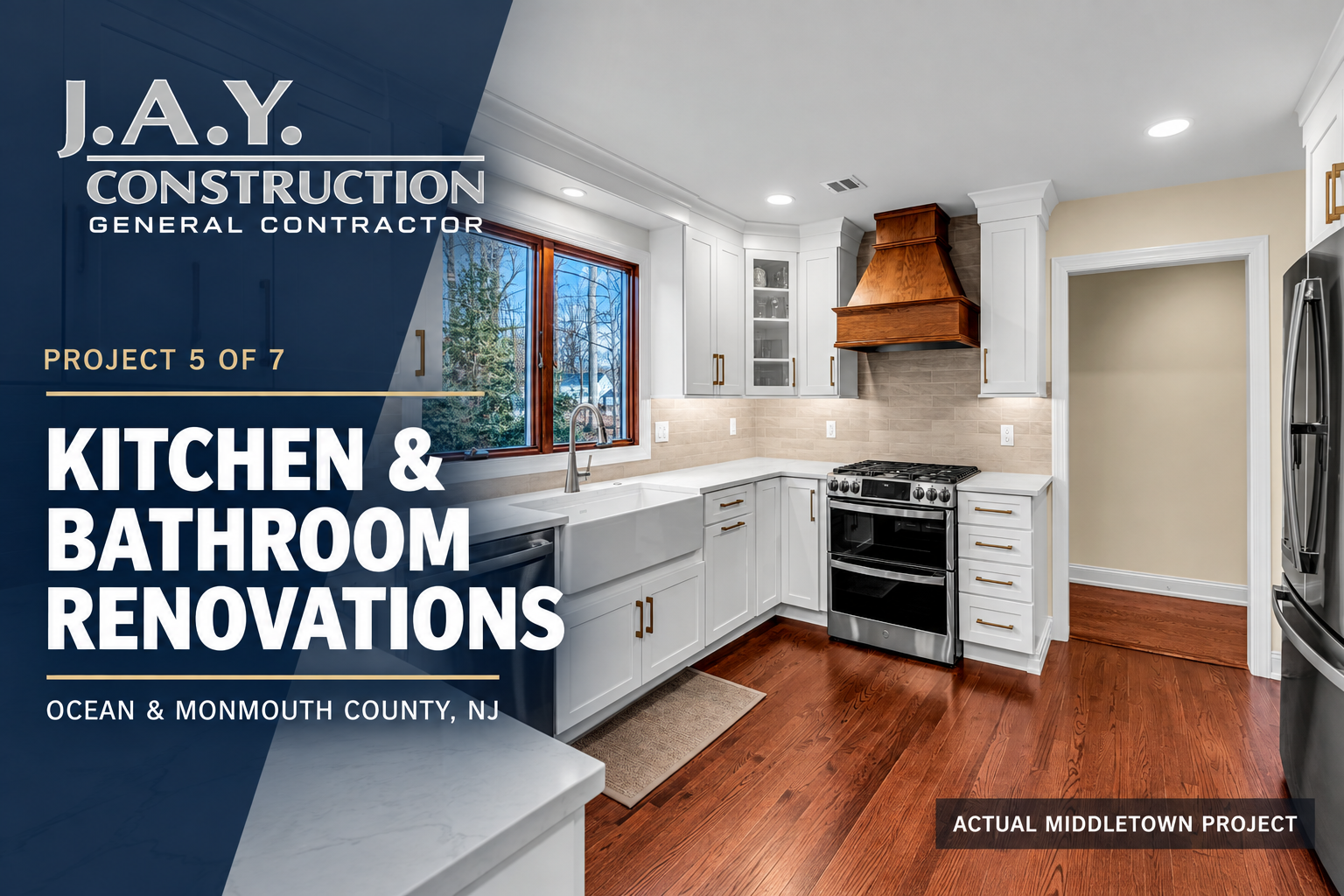 J.A.Y. Construction Project 5 graphic showing an actual Middletown kitchen renovation, with a guide to kitchen and bathroom renovations in Ocean and Monmouth County, NJ.