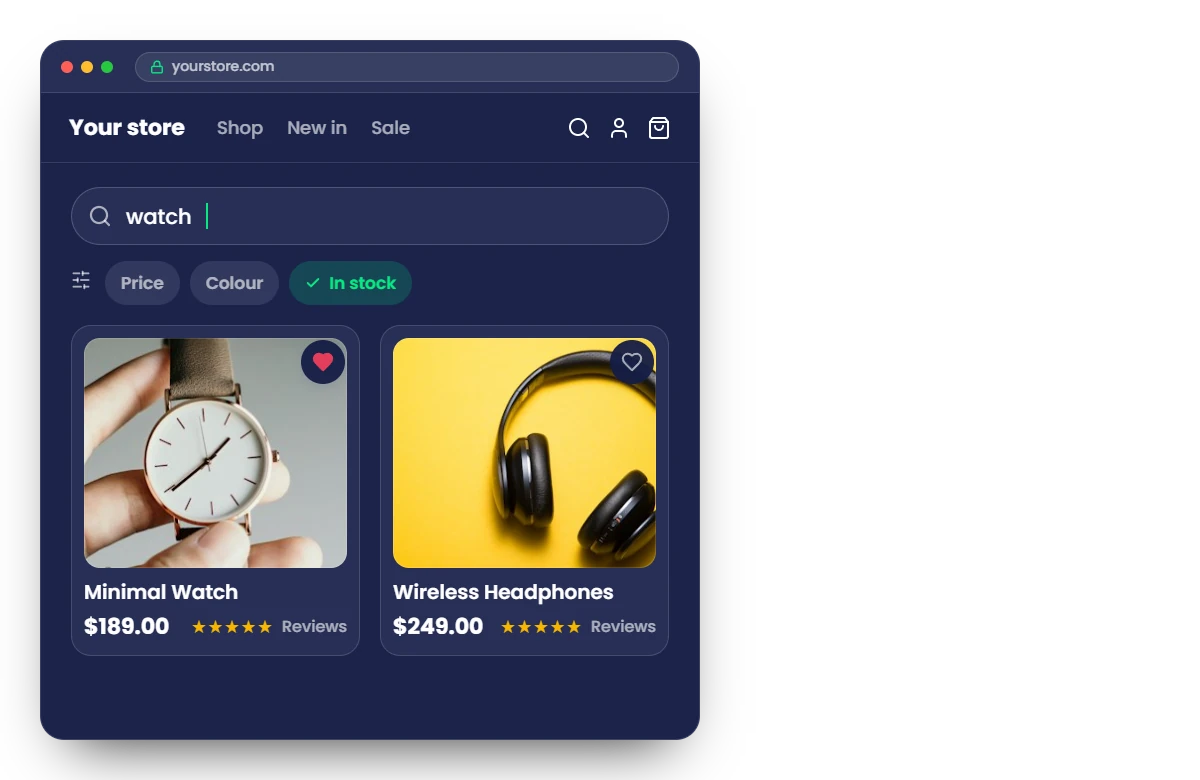 Storefront with search, filters and wish list, promotions and automated emails