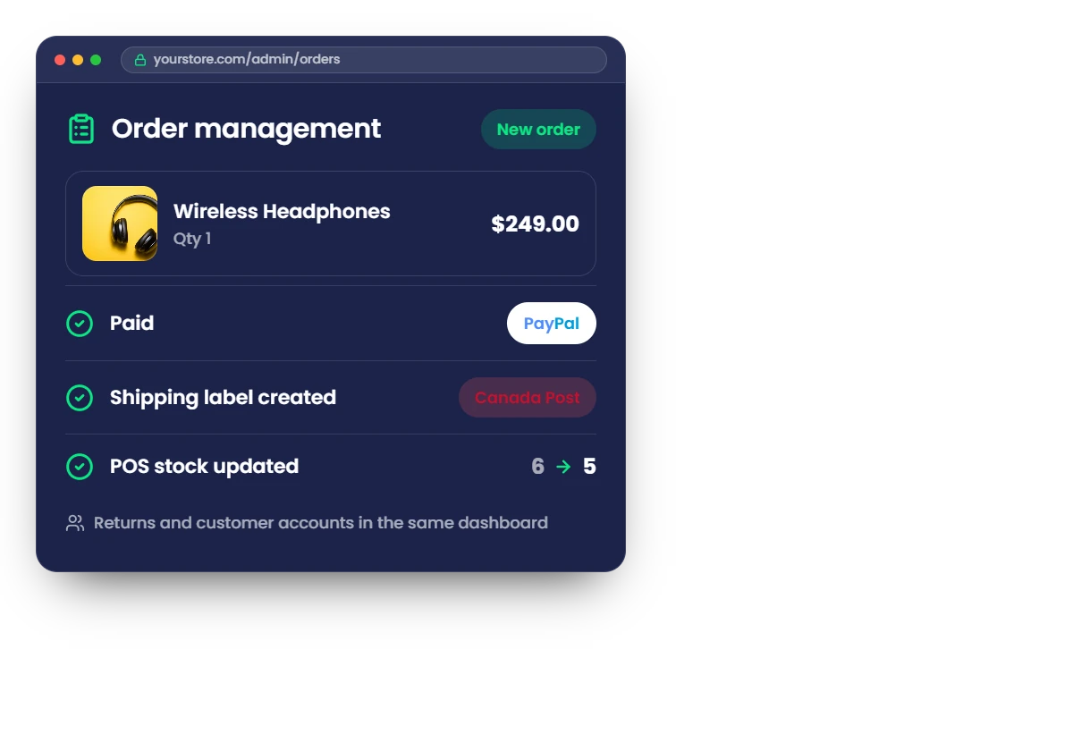 Order management dashboard with POS inventory sync, shipping carriers and payment gateways