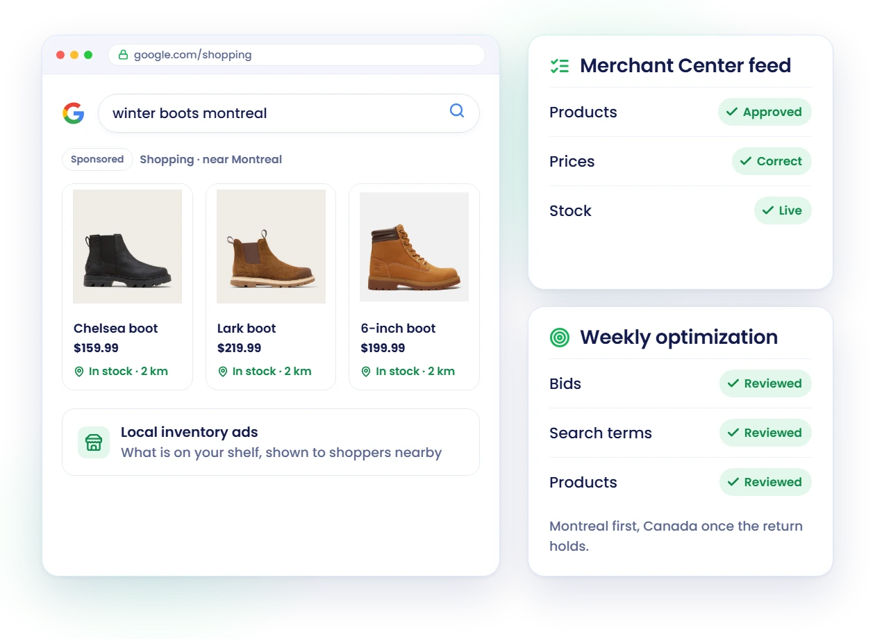 Google Shopping ads for winter boots showing in-stock products near Montreal, Merchant Center feed checks and weekly optimization