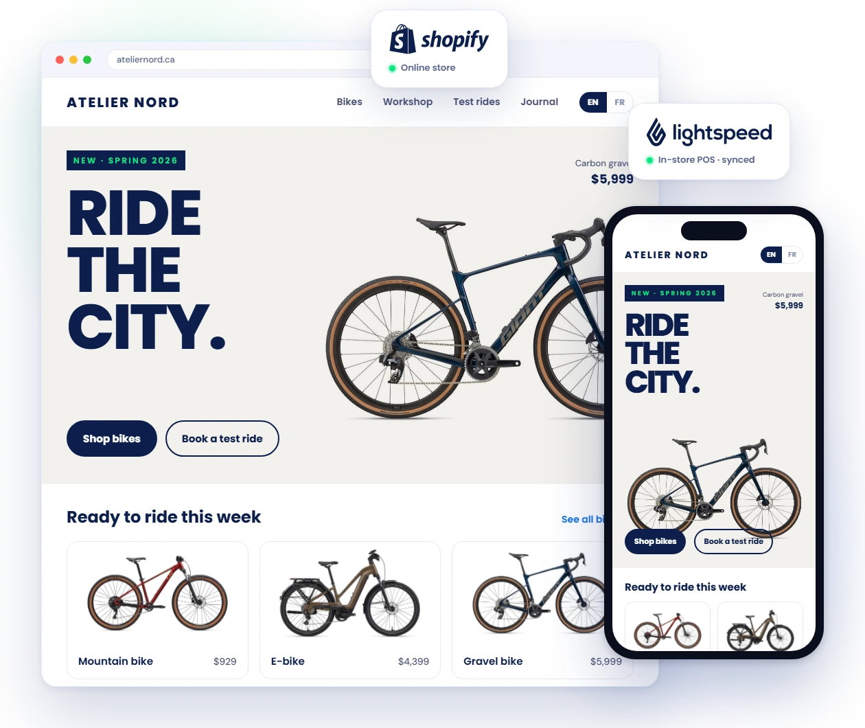 Bike shop Shopify storefront shown on desktop and on a phone, with an English and French toggle and Lightspeed POS sync