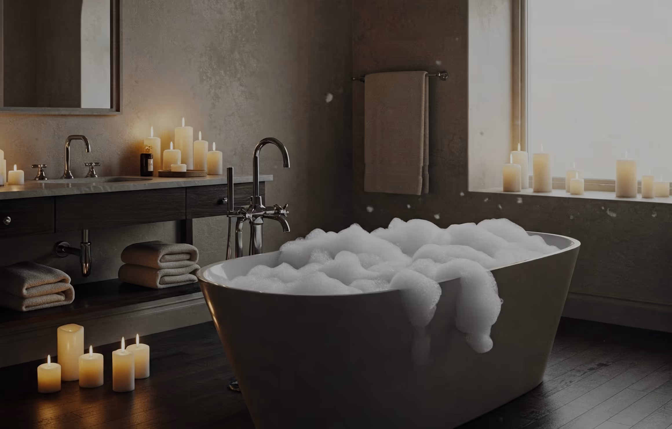 Baño con tina llena de espuma, velas encendidas alrededor y toallas blancas dobladas.