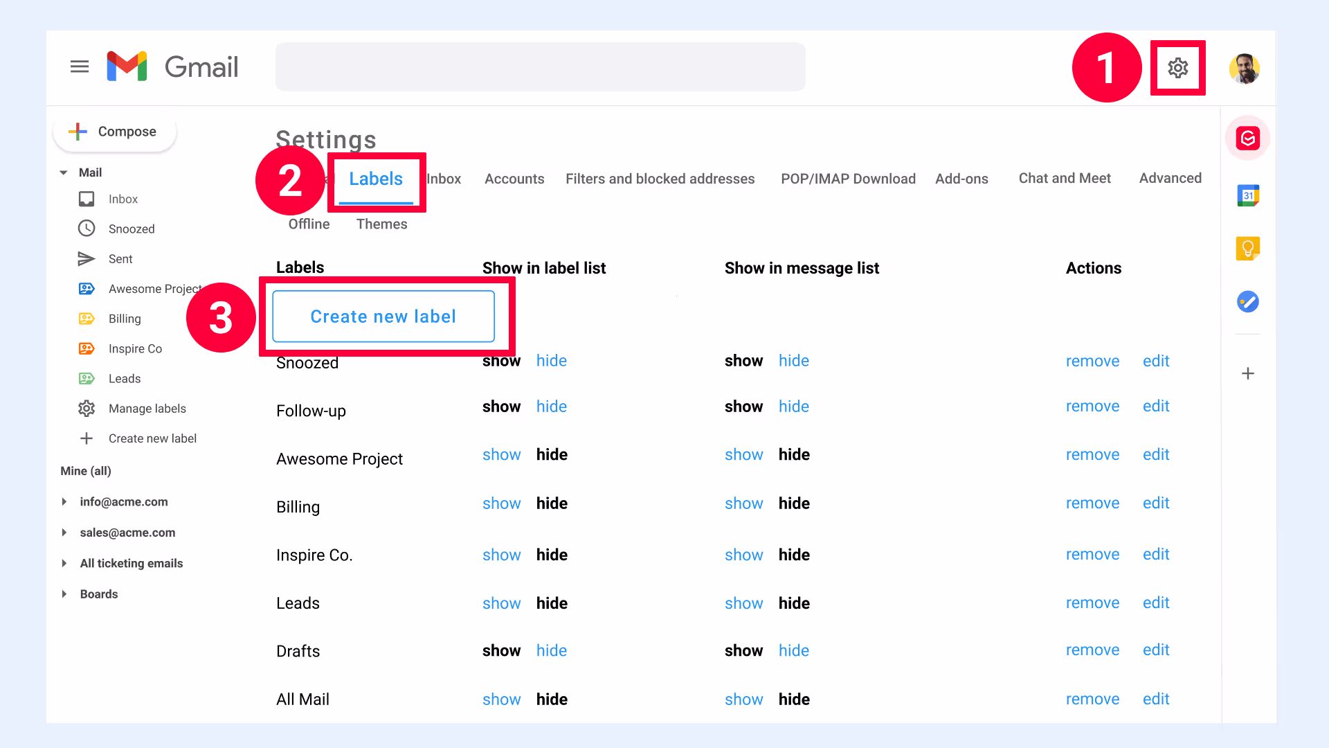 Gmail Settings Create new label